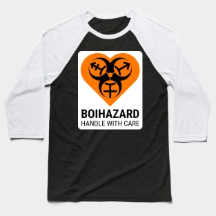 "BOI HAZARD/handle with care" Heart - Label Style - Orange Baseball T-Shirt